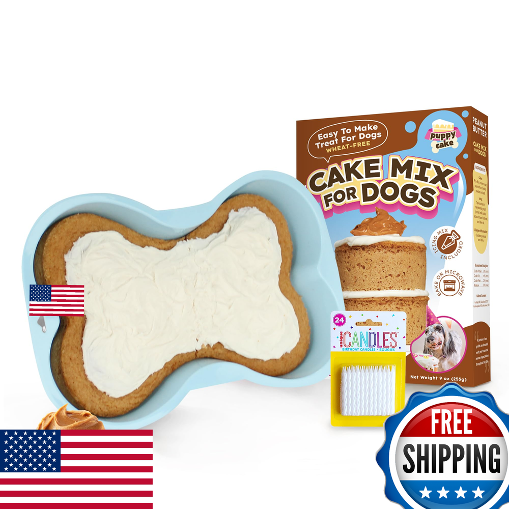 Puppy Cake Mix Dog Birthday Kit - Bone Pan & Candles, Peanut Butter (USA Made)