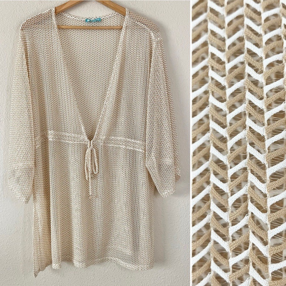 Plus Size Tunic Swim Cover-Up 2X Tie Waist Kimono Sleeve Neutral Vacation Beach
