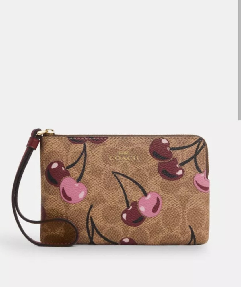 NWT Coach Cherry Print Brown Zip Wristlet Corner Design  