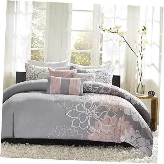 Lola 100% Cotton King Duvet Set with Floral Pattern in Blush and Grey