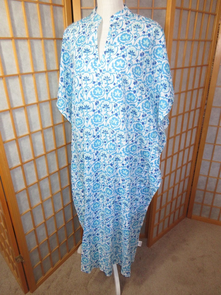 Olivia James The Label Turquoise/Blue/Sea Green/Wh Floral Cotton Caftan SZ LG