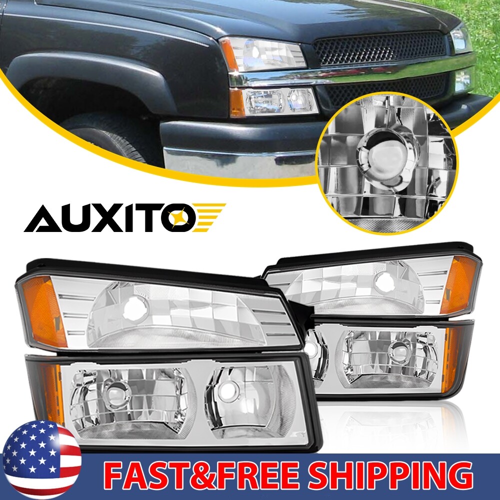 For Chevy Avalanche 2002-06 Headlights Assembly+Bumper Light Chorme Housing Pair