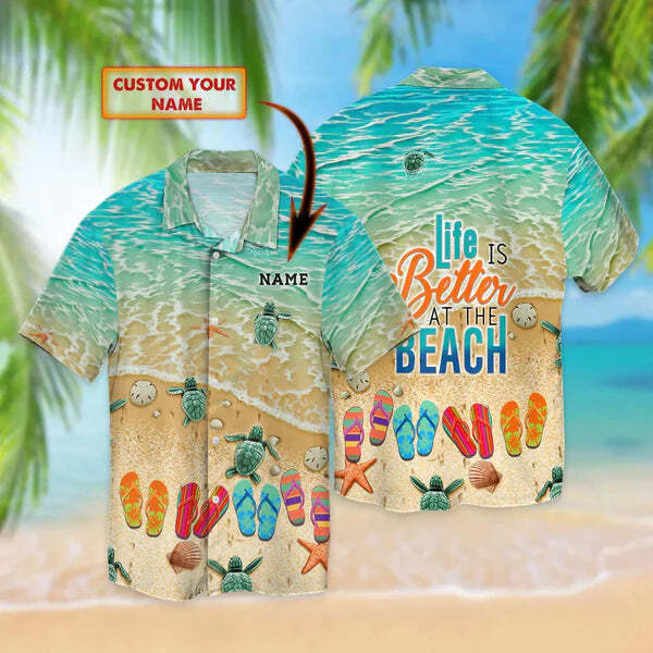 Flip Flop And Beach hawaii shirt Personalized Name 3D Hawaiian HO3238