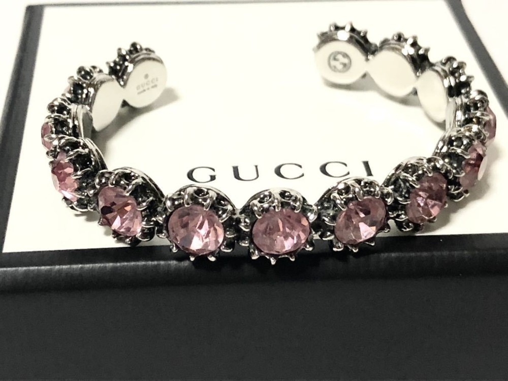 GUCCI S Bangle Metal Stone Pink Silver Cat Head Jewelry Piece