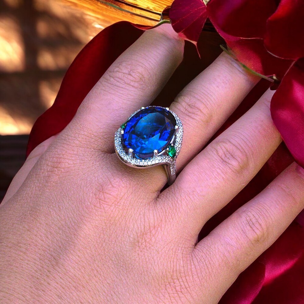 Oval Cut Blue Sapphire Wedding Ring Lab Grown 24.85 Ct Diamond 18K Gold E F VS