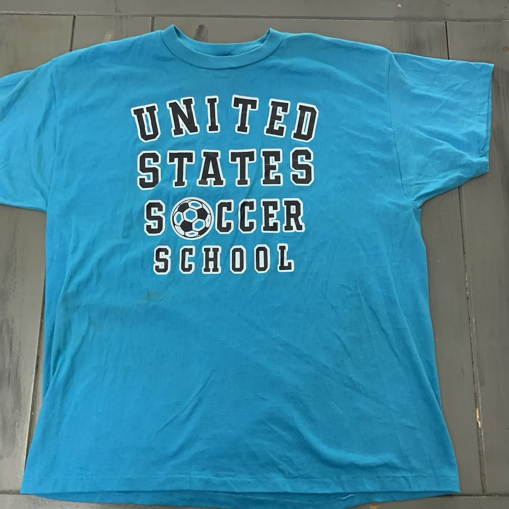 Vintage USA Soccer School XL Blue T-Shirt Retro Sneakers Tee