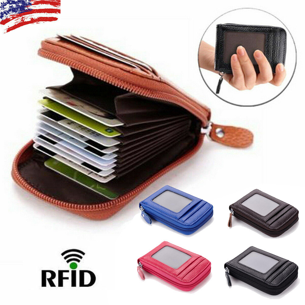 Men Leather Credit Card Holder RFID-Blocking Zipper Pocket Wallet with ID Window