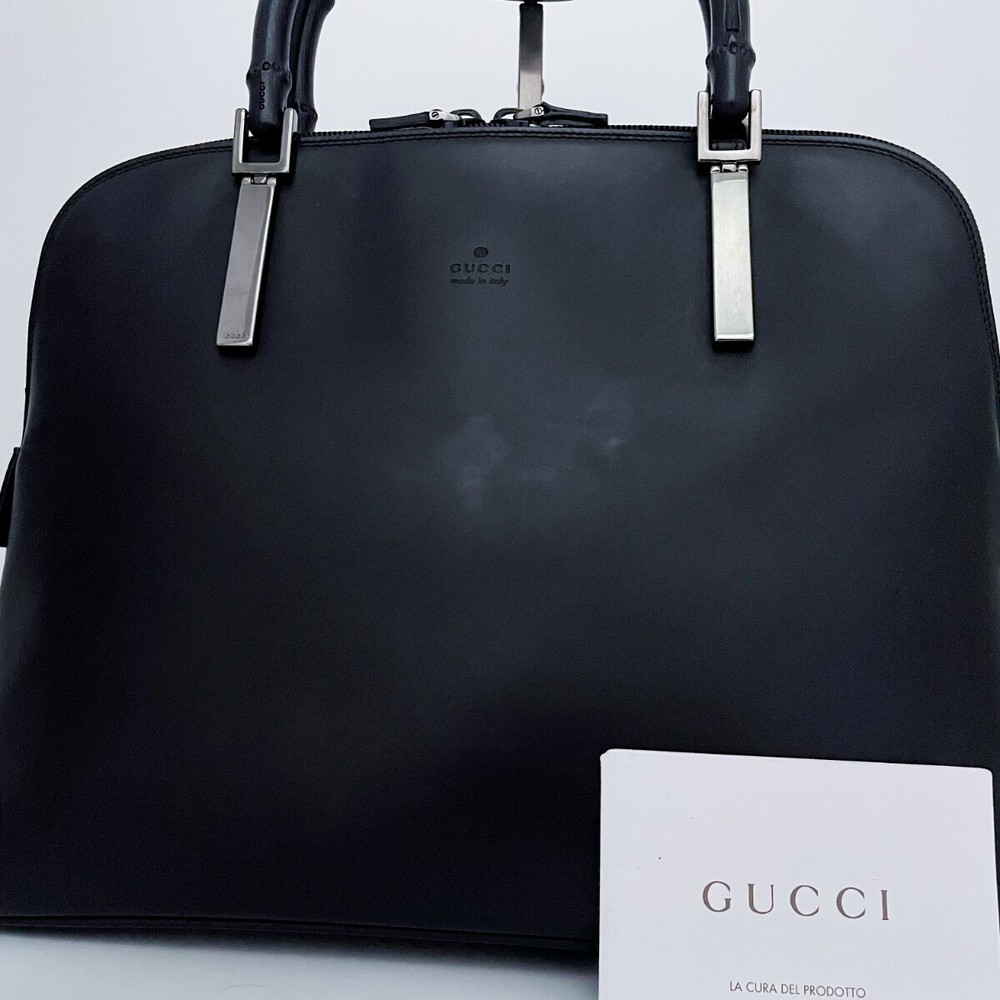 GUCCI Black Leather Bamboo Embossed Logo Tote Handbag Large Business Size