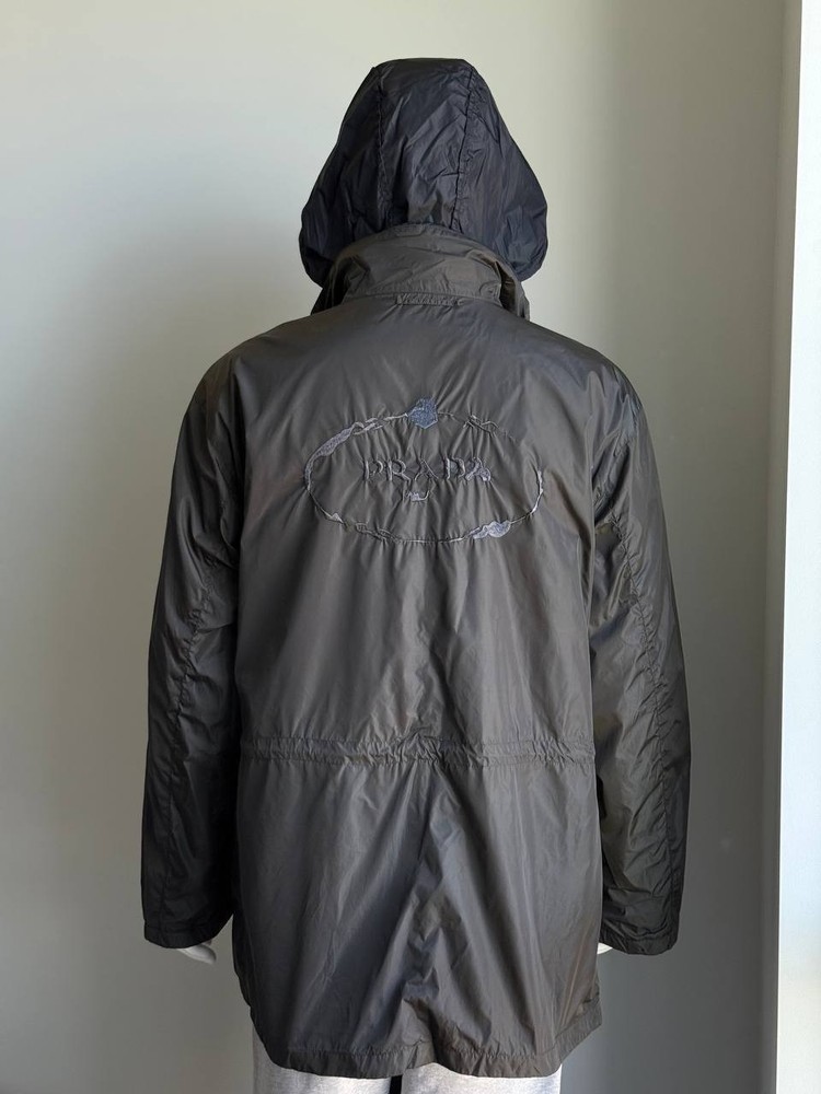 Prada Double sided Nylon Long Jacket Big Logo Back Mens size Xlarge