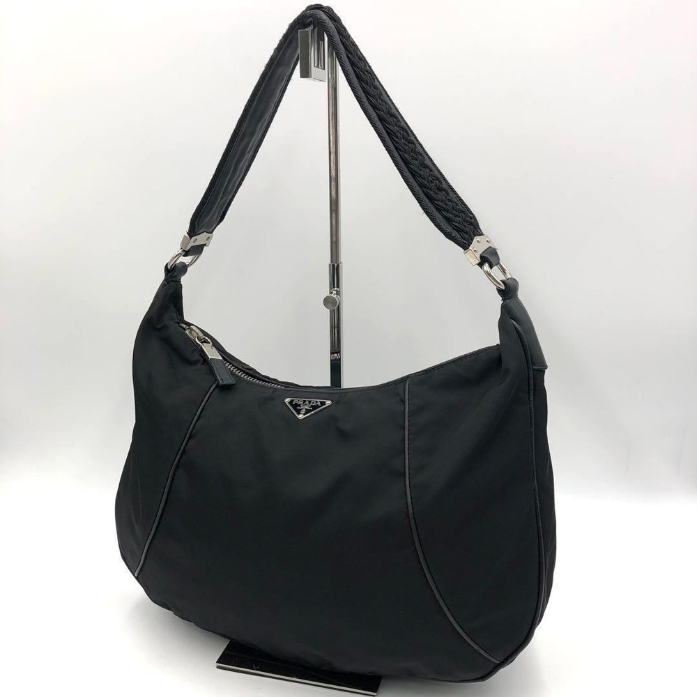 Prada Black Nylon Hobo Bag with Triangle Logo One Shoulder Strap