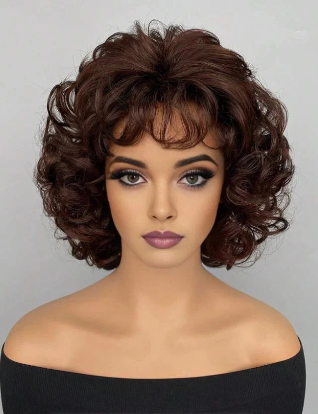 Women's Synthetic Wig Brown Short Curly Hair With Bangs Suitable For Daily Wear