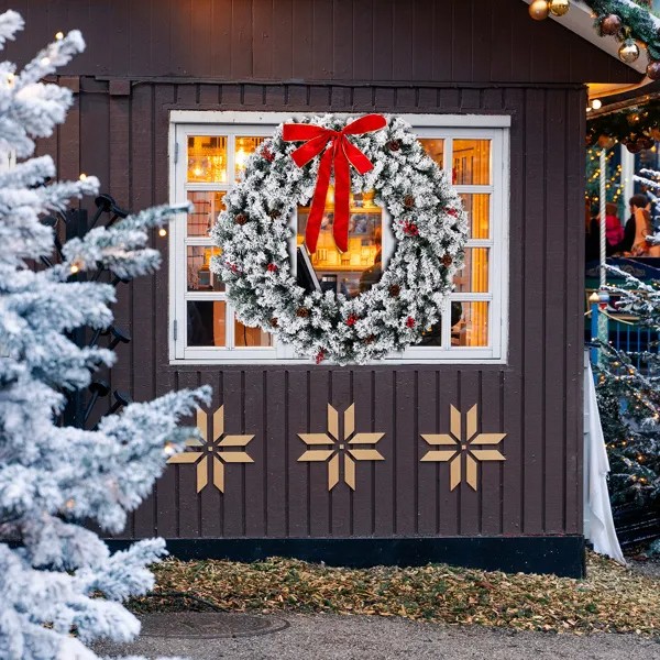 48in Pre-Lit Snow Flocked Christmas Wreath 150 Warm White Lights Decor