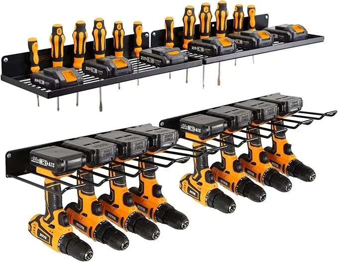 Wall-Mounted Black Power Tool Organizer with Charging Station & Drill Holder