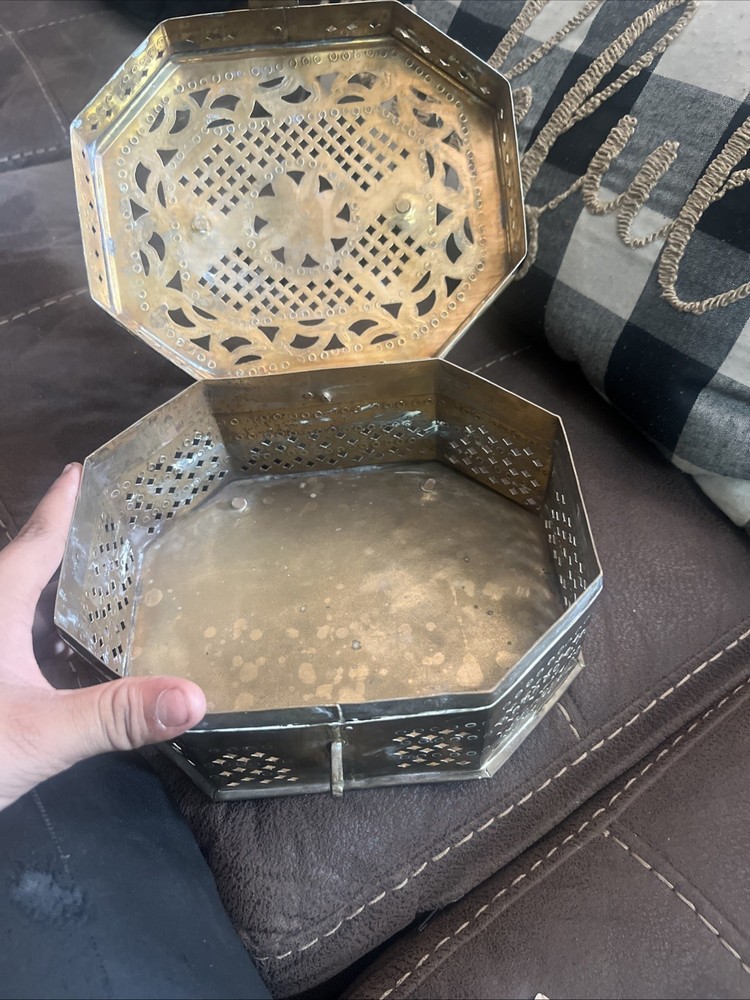 Vintage Ornate Brass Hexagonal Cricket Box with Pierced Design Antique