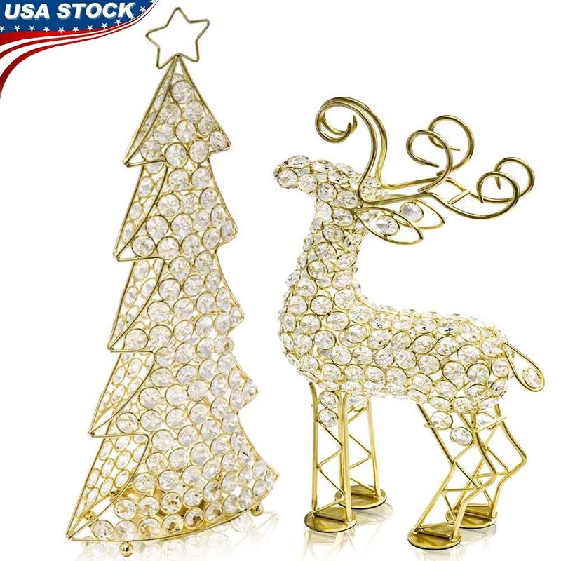 Gold Crystal Christmas Tabletop Tree Decorative Holiday Accent Outdoor Decor New