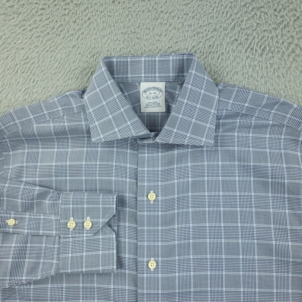 Brooks Brothers Dress Shirt Mens 15 Blue Check Non Iron Supima Cotton