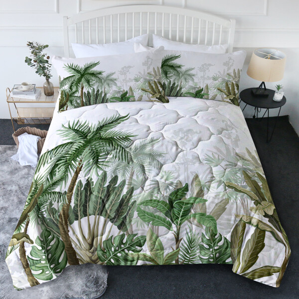 3-Piece Full Size Coconut Tree Comforter Set - Tropical Banana Leaf Bedding for Home & Bedroom  