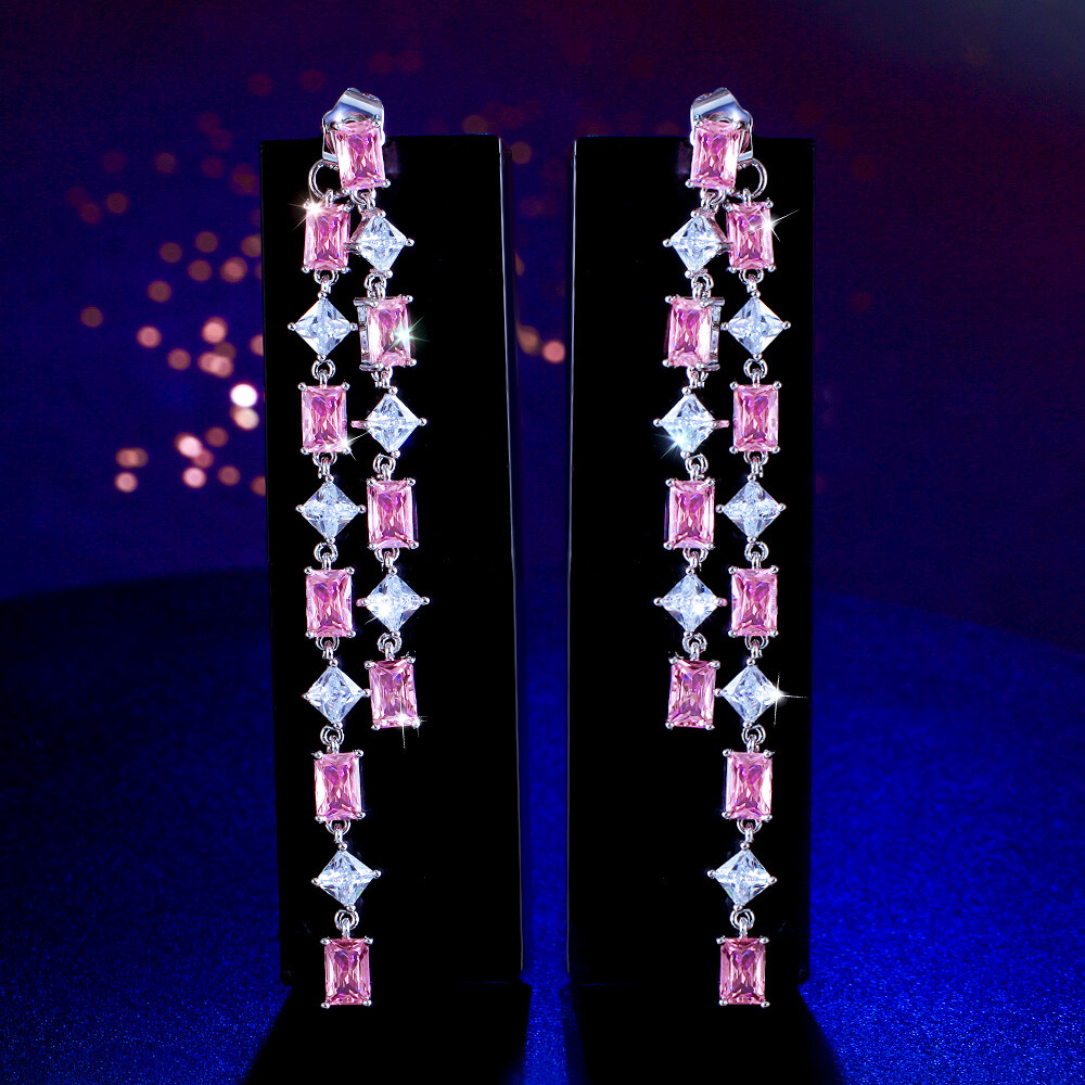 Extra Long Tassel Baguette Rhombus Dangle Drop Earrings CZ Pink for Women Party