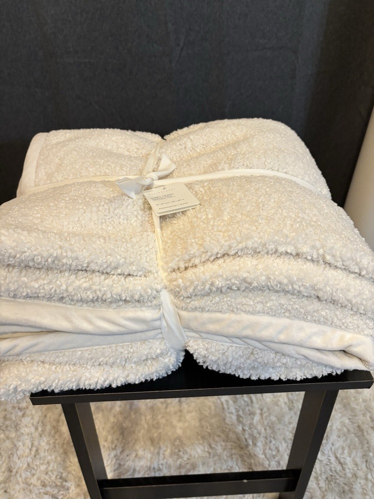 NEW Pottery Barn Cozy Teddy Faux Fur Throw, Oversized 60”x80”, Ivory