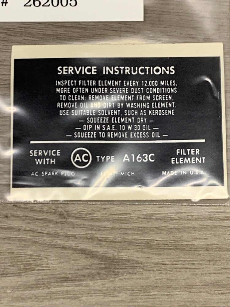 63-64 Corvette Fuel Injection Air Cleaner Service Instructions Decal