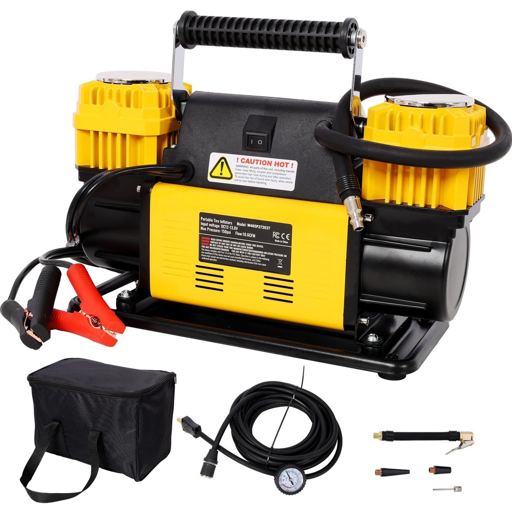 12V twin-cylinder heavy-duty air compressor with pressure gauge, maximum 150 PSI