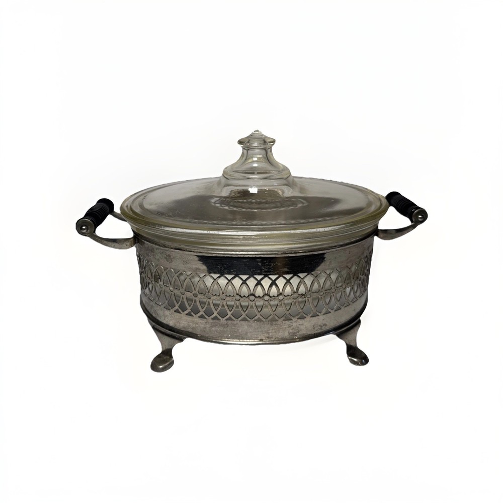 Pyrex 193-197 Oval Casserole w/ Lid in Silverplate Holder Vintage Serving Dish