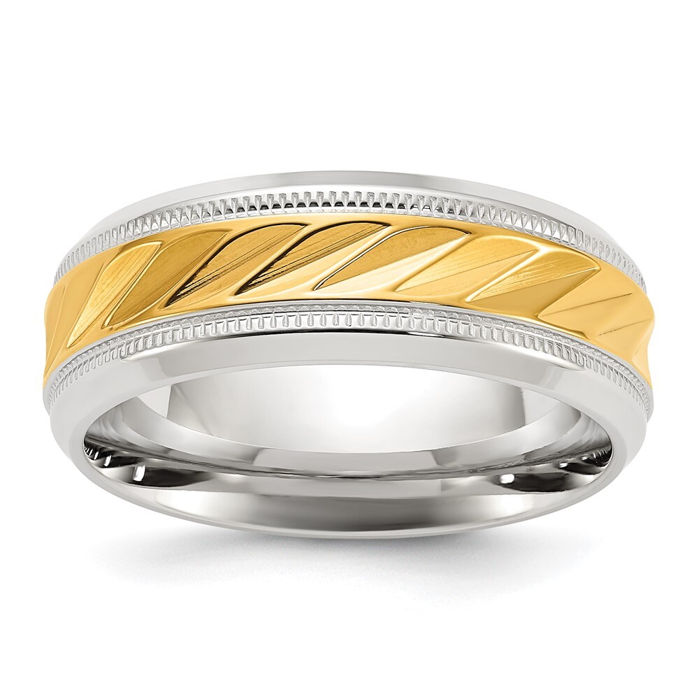 Titanium Polished with Yellow IP-plated Grooved Center 8mm Band Ring Size 10