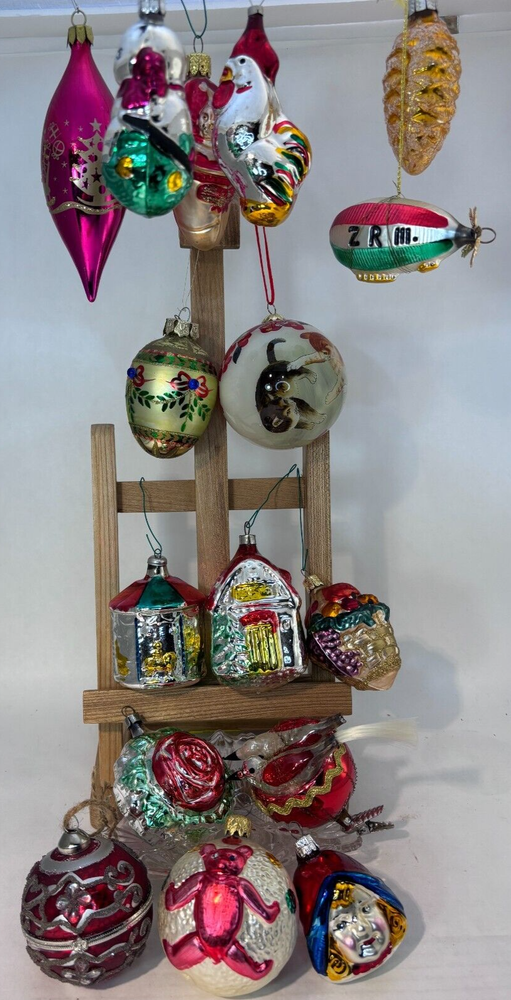 Lot 16 Vtg Glass Christmas Ornaments Rooster Cats Blimp House Carousel Girl more