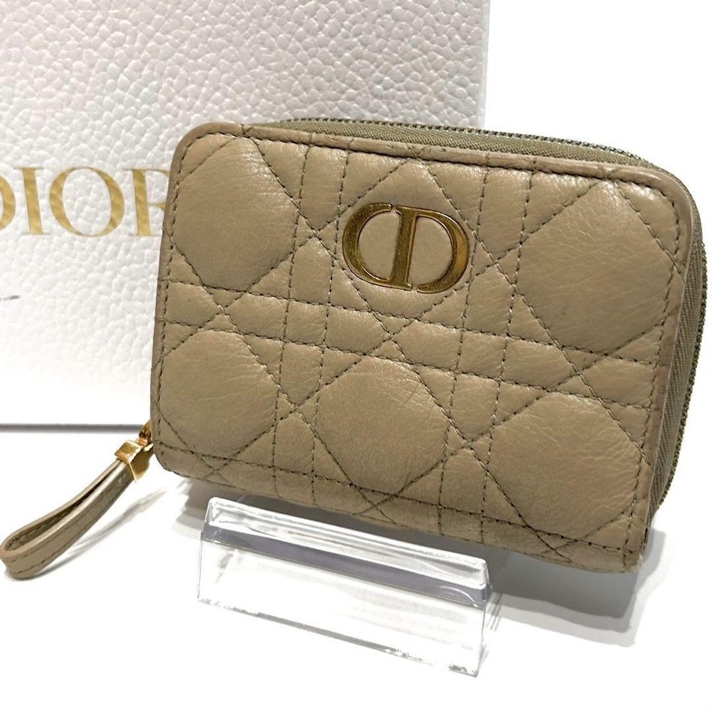 Dior Caro Folding Wallet Beige Canvas Luxury Leather Female Used