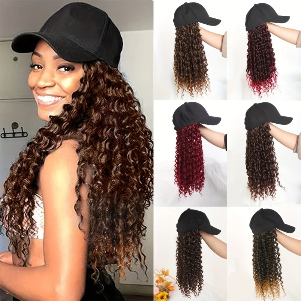 Kinky Curly Synthetic Hair Hat Wig Long Ombre Black Afro Wigs With Baseball Cap