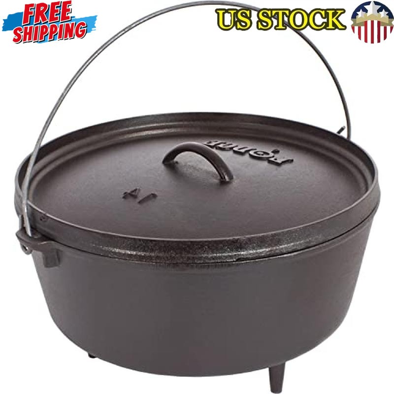 5 Quart Pre-Seasoned Cast Iron Dutch Oven Campfire Cooking Lid Dual Handles New