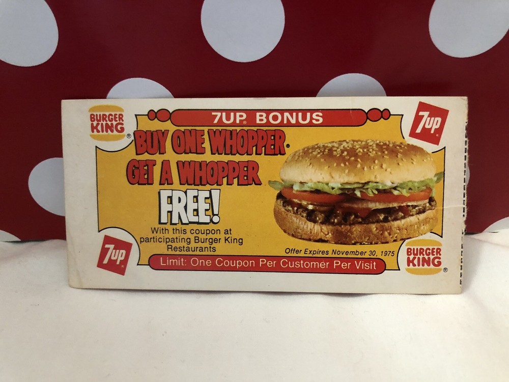 Vintage 1975 Burger King Whopper 7-Up Coupon 1970s Restaurant Collectible-image