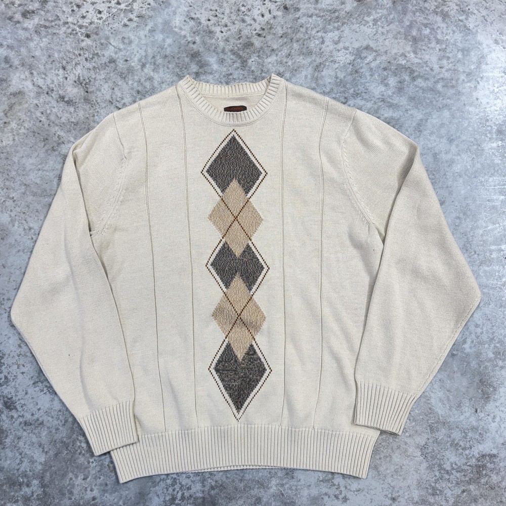 Dockers Sweater Mens XL Cream Beige Argyle Crewneck Cotton Knit Pullover Ribbed