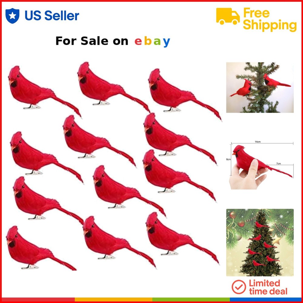 Red Cardinal Birds Clip On Christmas Ornaments Set of 12 Holiday Decor
