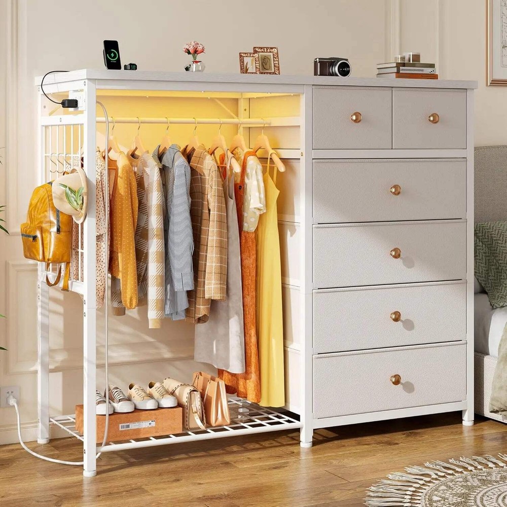 49.2 Inch White Dresser with 6 Drawers LED Lights Hanging Rack and USB Charging Station