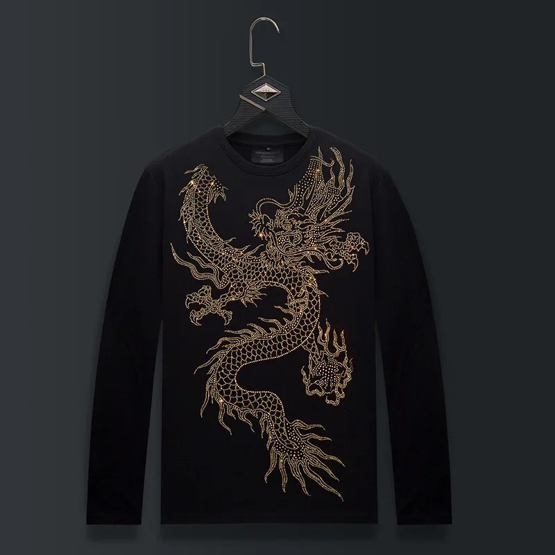 Fashion Dragon Trend Rhinestone Long Sleeve Luxury  Men T-Shirt Plus Size 6XL