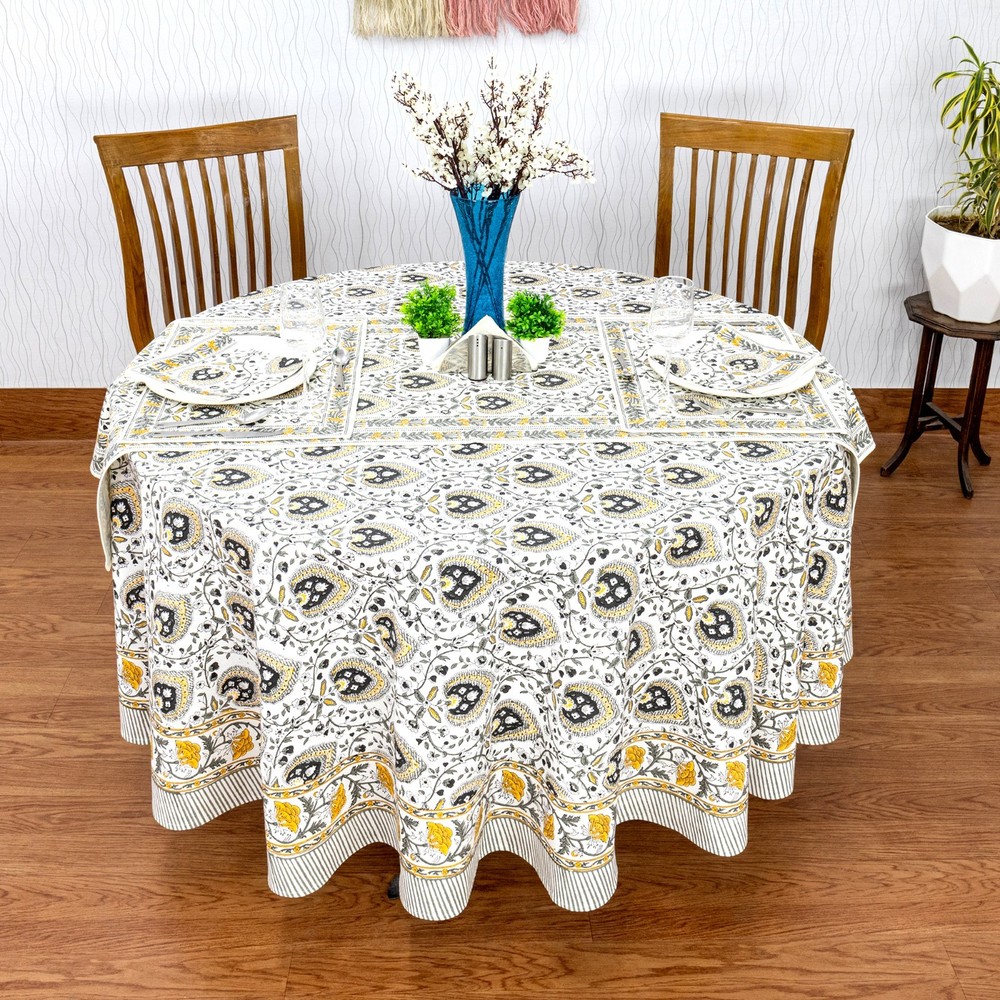 Round Table Linens Floral Block Printed Table Cloth Oval Table Cloth Table Top