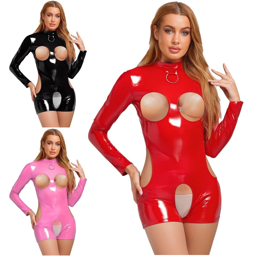 Women's Long Sleeve Wet Look Patent Leather Catsuit Hollow Out Teddy Bodysuit