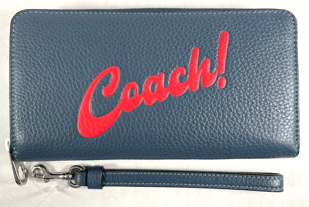 COACH CU381 Navy Leather Zip Around Wallet with Graphic Design NWT $298