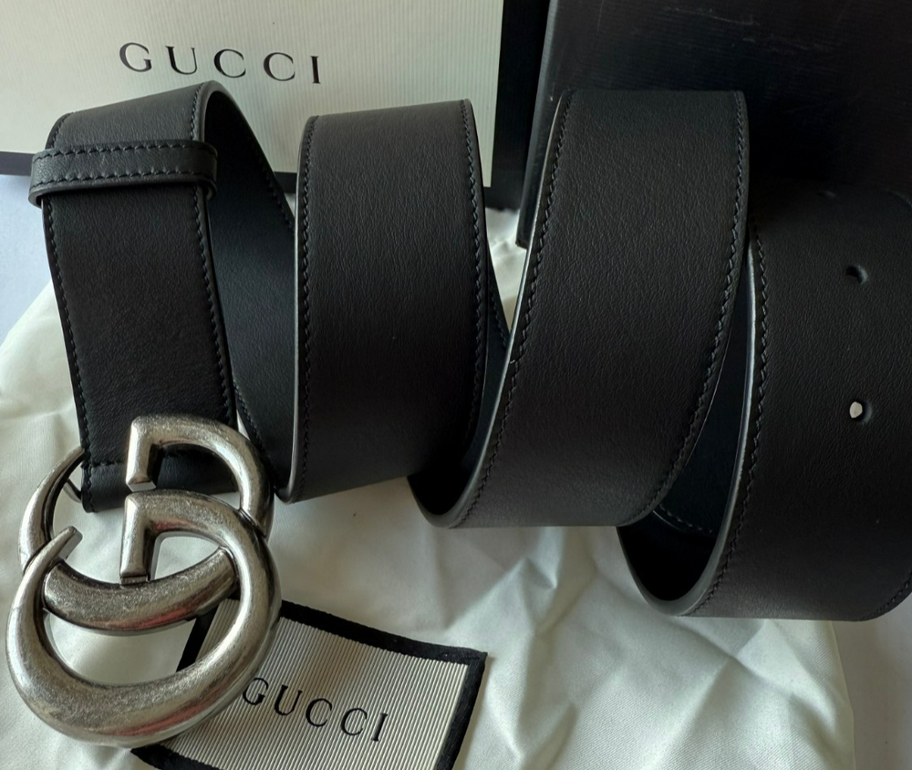 Gucci GG Marmont Black Leather Belt Silver Brass Buckle Size 105 cm,Fits 36-38 W