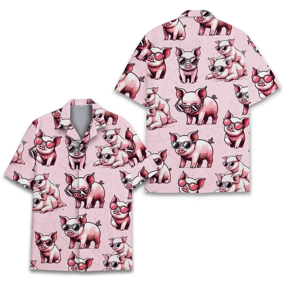 Camisa Hawaiana Cerdo, Abotonada Talla Completa S-5XL