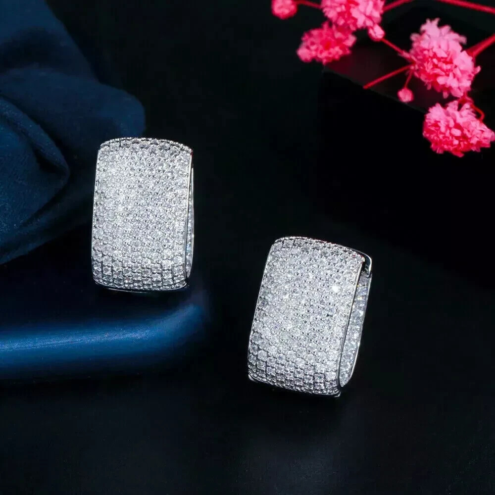 2.30CT Round Cut Moissanite Pave Set Bold Huggie Earrings 14K White Gold Plated