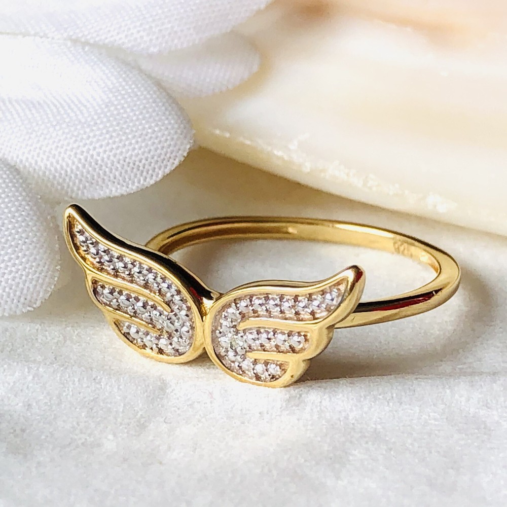 Diamond Angel Wings Ring 14k Gold Overlay 925 Sterling Silver Size O