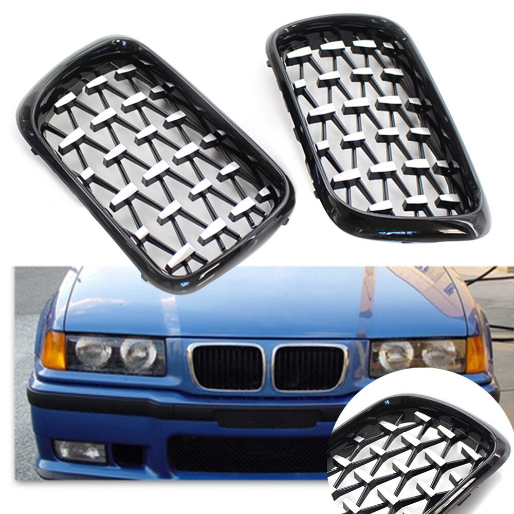 Front Grill Latest Style Shiny Black Frame Diamond For BMW E36 3 Series 97-99 US
