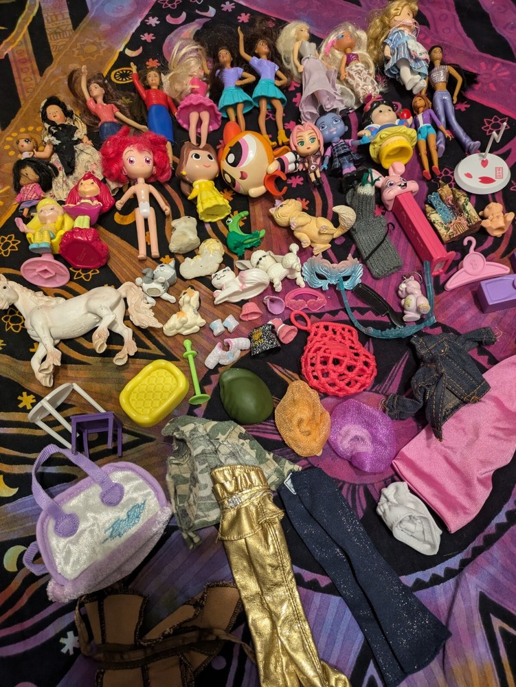 Large Lot Of Dollhouse Toys/Dolls - Accessories, Barbie Clothing, Animals, Etc.