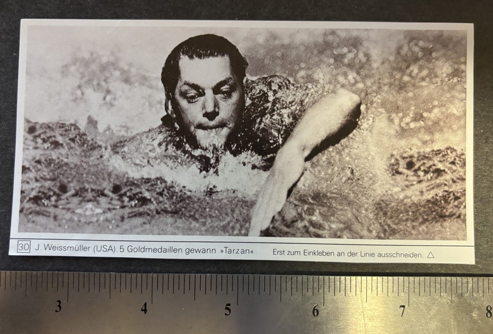 JOHNNY WEISSMULLER (Olympics): Scarce SPRENGEL CHOCOLATE Card (1975)