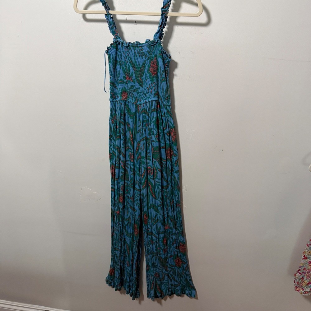 Patrons of Peace Jumpsuit XS Blue Floral Smocked Wide Leg Jumper Festival