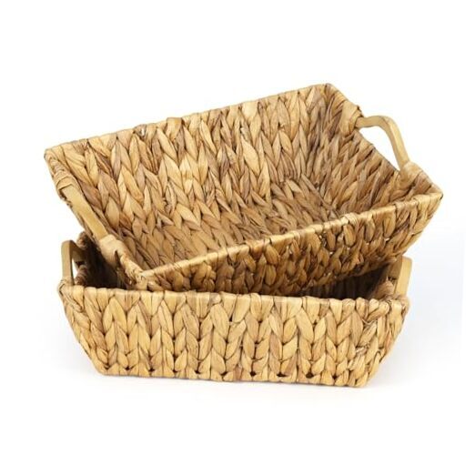 2-Pack Wicker Baskets with Wooden Handles, Hand-Woven Water Hyacinth Wicker