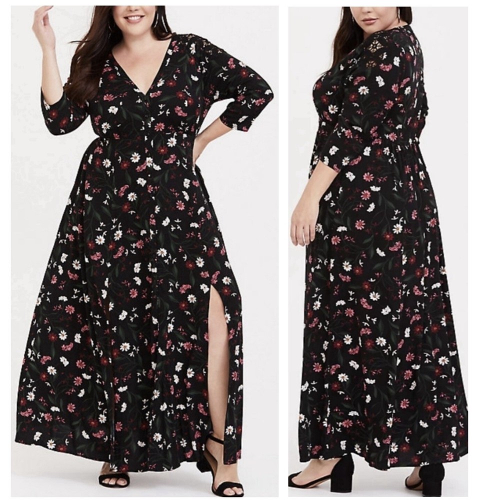 Torrid Sz 6 Maxi Challis Lace Button Front Shirt Dress Black Floral Cottagecore