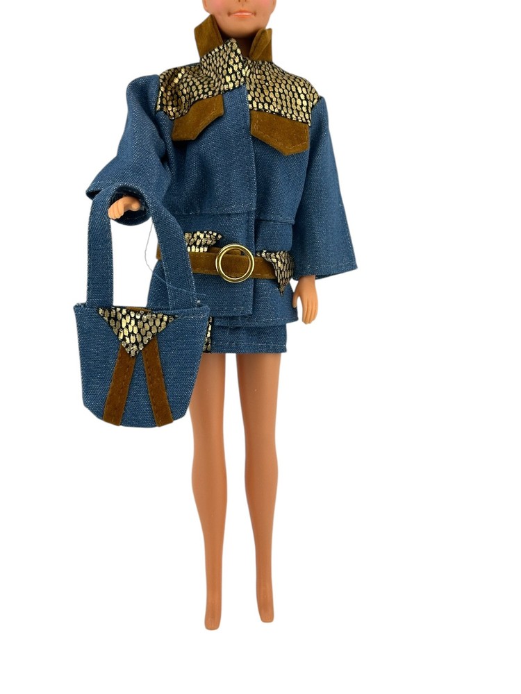 Vtg Fashion Doll Outfit Jean Jacket Mini Skirt Purse Bag Gold Belt 80s 90s Style